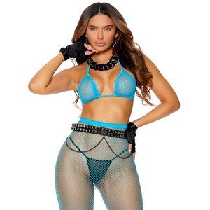 Sheer Diamond Net Bra Top and Leggings Set Blue